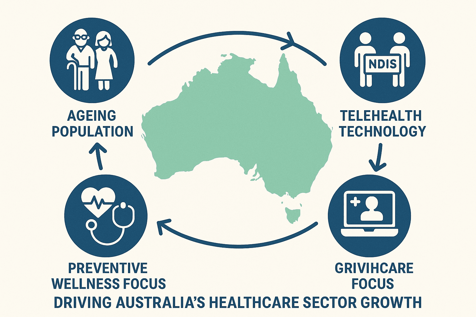 Infographic illustrating major trends driving growth in Australia’s healthcare sector, including ageing population, NDIS expansion, telehealth adoption, and focus on preventive wellness.
