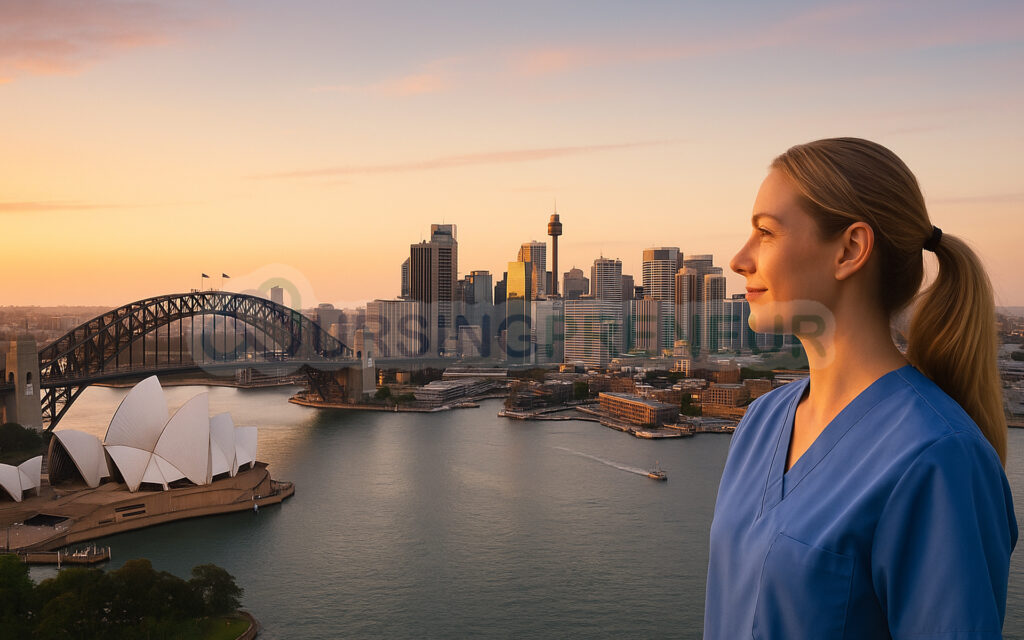 Nurse in Australia overlooking Sydney skyline, symbolising healthcare opportunities for nurse-led businesses