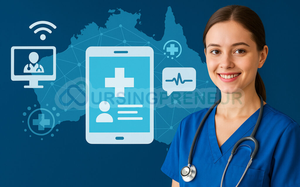 Australian map with telehealth icons and nurse representing digital healthcare opportunities across the nation