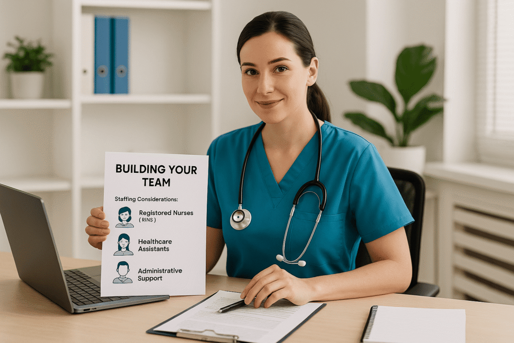 Nurse manager reviewing team roles for a home nursing business, highlighting registered nurses, healthcare assistants, and administrative support in a bright modern office.