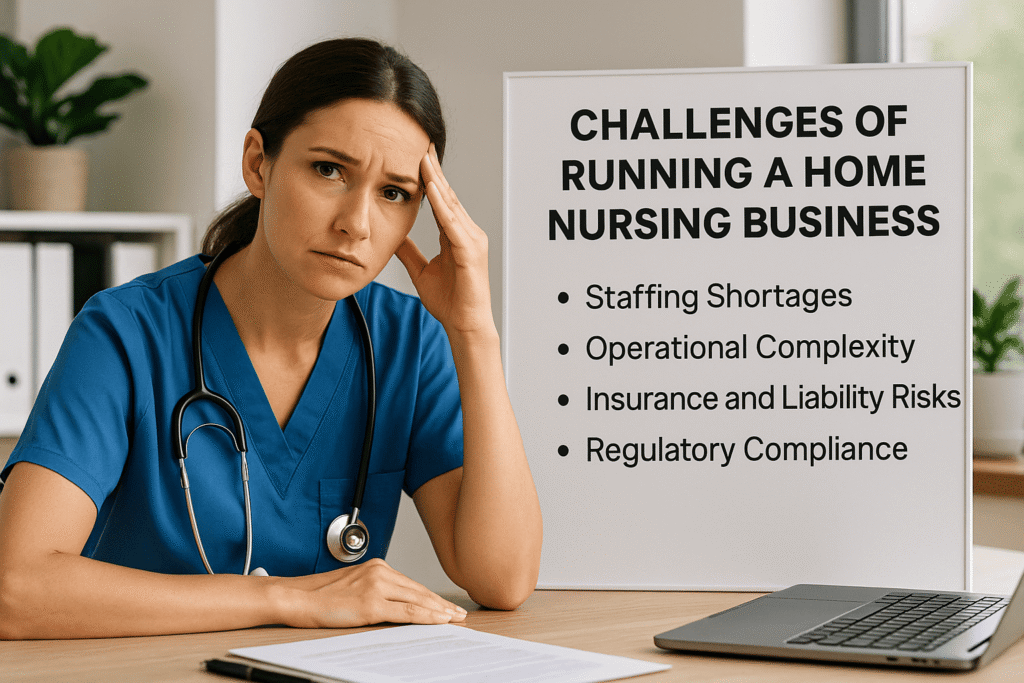 Nurse in blue scrubs reviewing challenges of running a home nursing business, including staffing shortages, operational complexity, and compliance requirements, in a bright professional office.