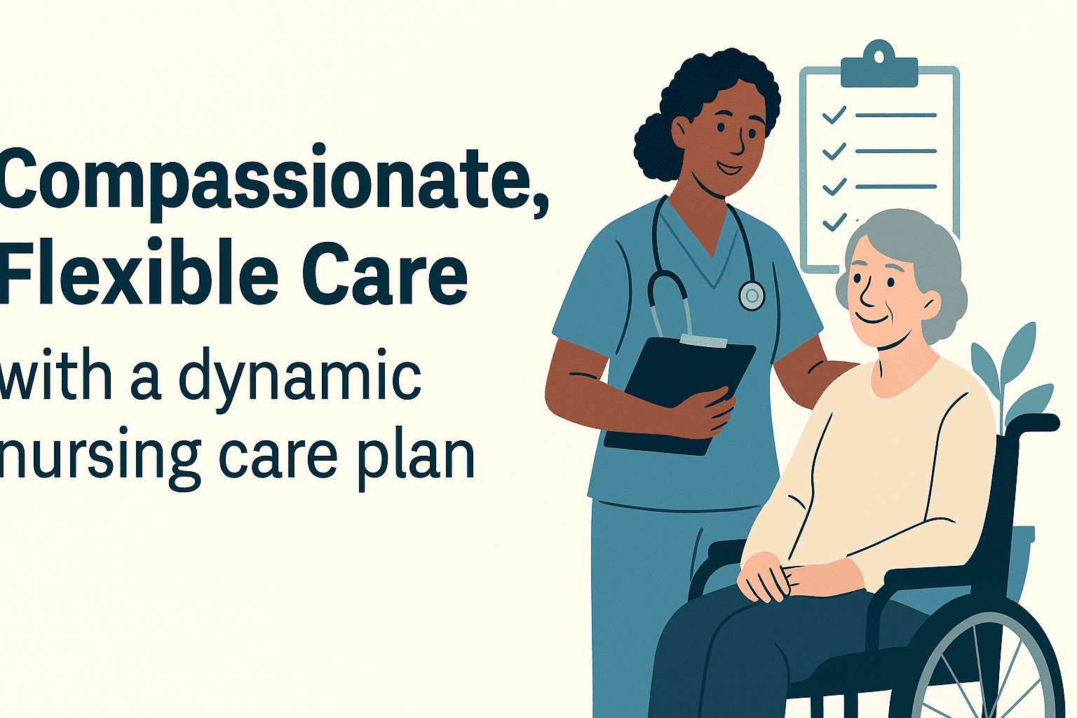 Nurse compassionately supporting a patient in a wheelchair, symbolizing empathy, adaptability, and commitment to flexible nursing care in a professional healthcare setting