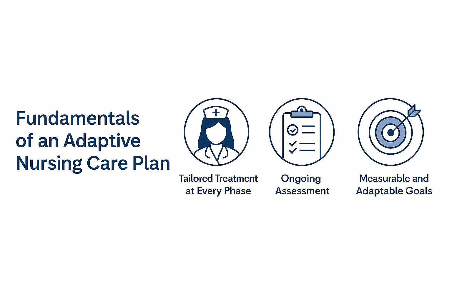 Visual infographic illustrating the fundamentals of an adaptive nursing care plan—tailored treatment, ongoing assessment, and measurable adaptable goals in modern healthcare