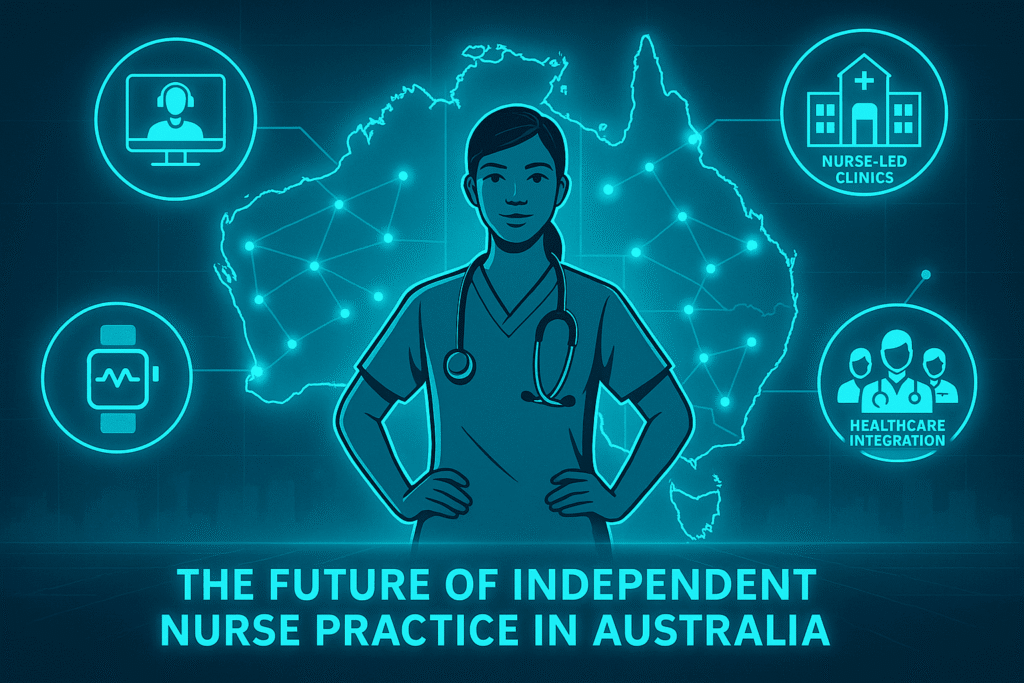 Futuristic illustration of independent nursing practice in Australia showing telehealth, nurse-led clinics, digital health tools, and healthcare integration across the country