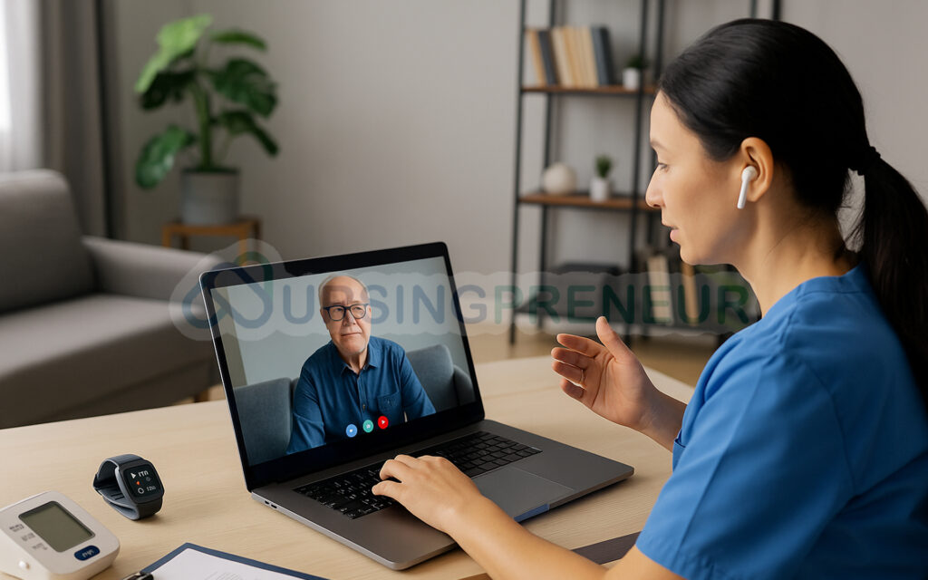 Nurse in Australia with holographic telehealth, AI, and wearable healthcare technology visuals representing the future of nursing