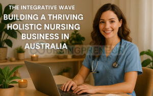 Confident nurse entrepreneur in a calming wellness-inspired office, symbolizing holistic nursing business opportunities in Australia