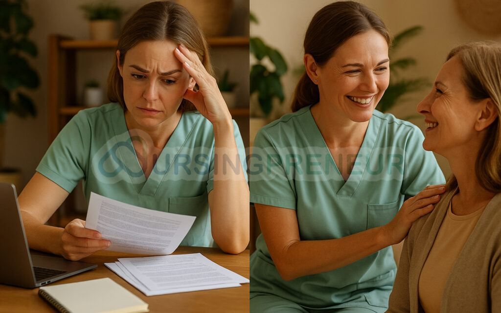 Split image of a holistic nurse entrepreneur facing business challenges on one side and experiencing rewarding patient connection on the other, symbolizing balance in holistic nursing business in Australia.