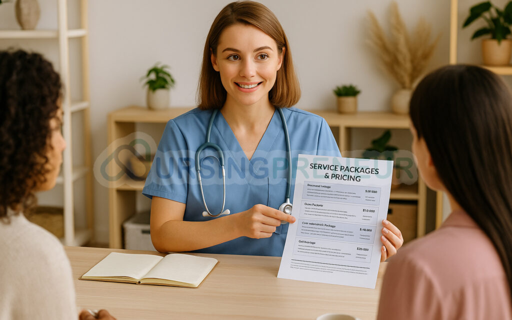 Holistic nurse entrepreneur presenting service packages and pricing model to clients, showcasing personalized care options in Australia