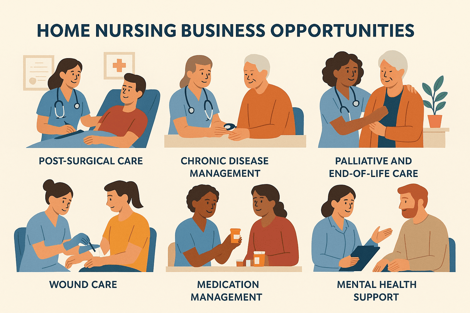 Infographic illustrating home nursing business opportunities in Australia, showing post-surgical care, chronic disease management, wound care, palliative care, medication management, and mental health support