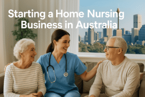 Australian nurse providing home care to an elderly couple in a bright living room with Sydney skyline view, representing the growing demand for home-based healthcare services