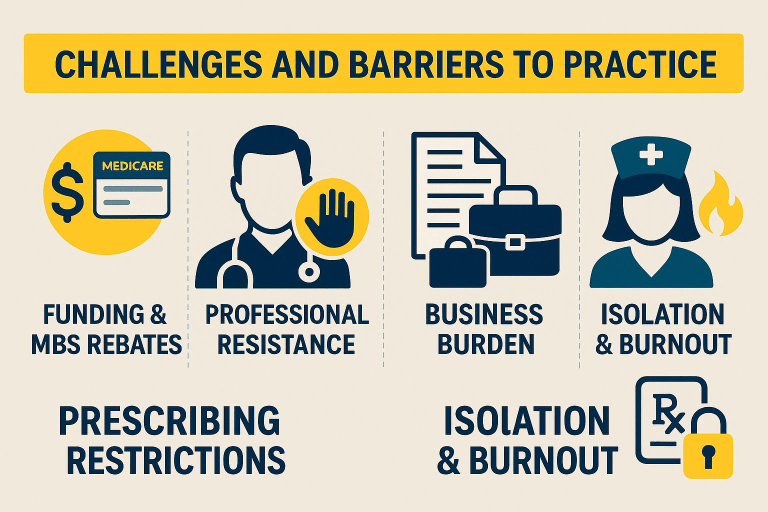 Infographic showing challenges for independent nurse practitioners in Australia including funding and rebates, professional resistance, business burden, isolation, and prescribing restrictions