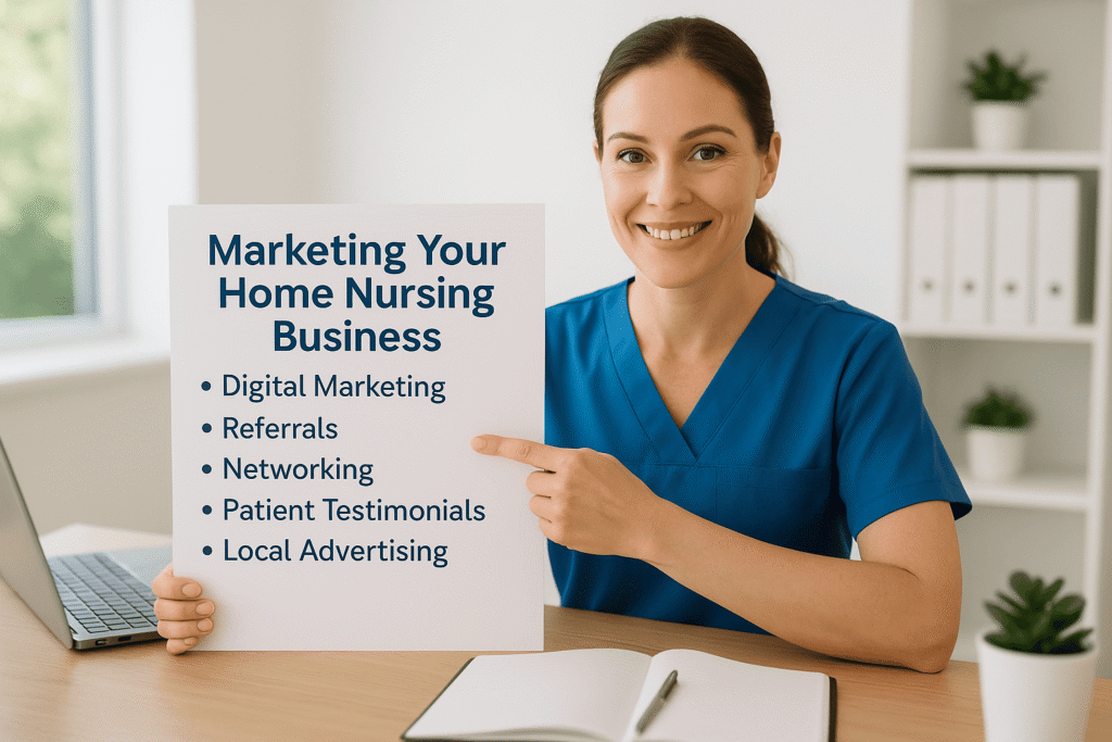 Nurse entrepreneur presenting marketing strategies for a home nursing business in Australia, including digital marketing, referrals, and patient testimonials in a professional office setting.