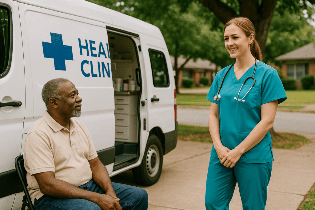Australian nurse preparing medical equipment beside a modern mobile health clinic van, providing healthcare services in a community setting under bright blue skies