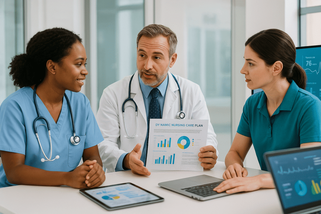 Healthcare professionals including a nurse, doctor, and therapist collaborating on a dynamic nursing care plan using digital tools in a modern hospital setting.