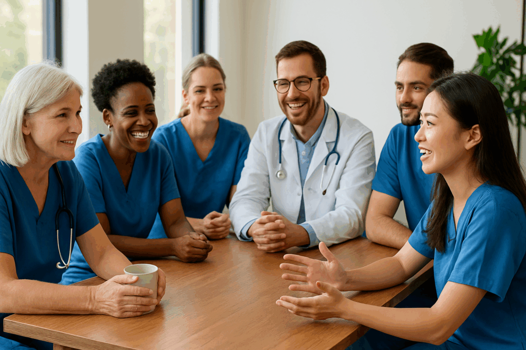 Australian nurses sharing laughter and conversation in a bright setting, symbolising community, connection, and emotional wellbeing among healthcare professionals.