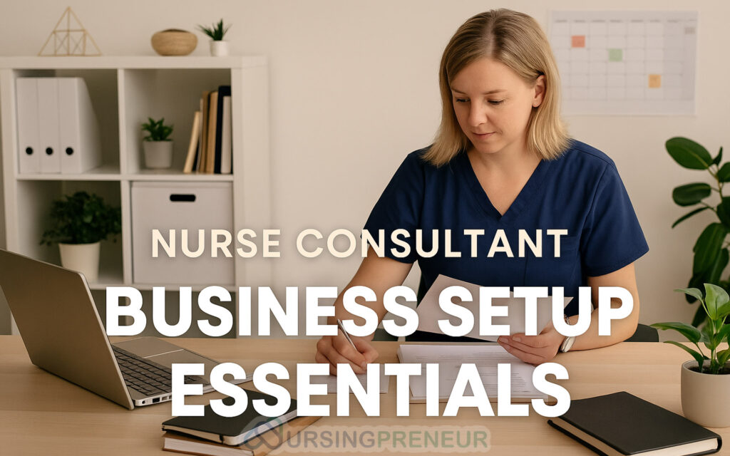 Nurse consultant working on business setup essentials including contracts, laptop, and planning documents in Australia