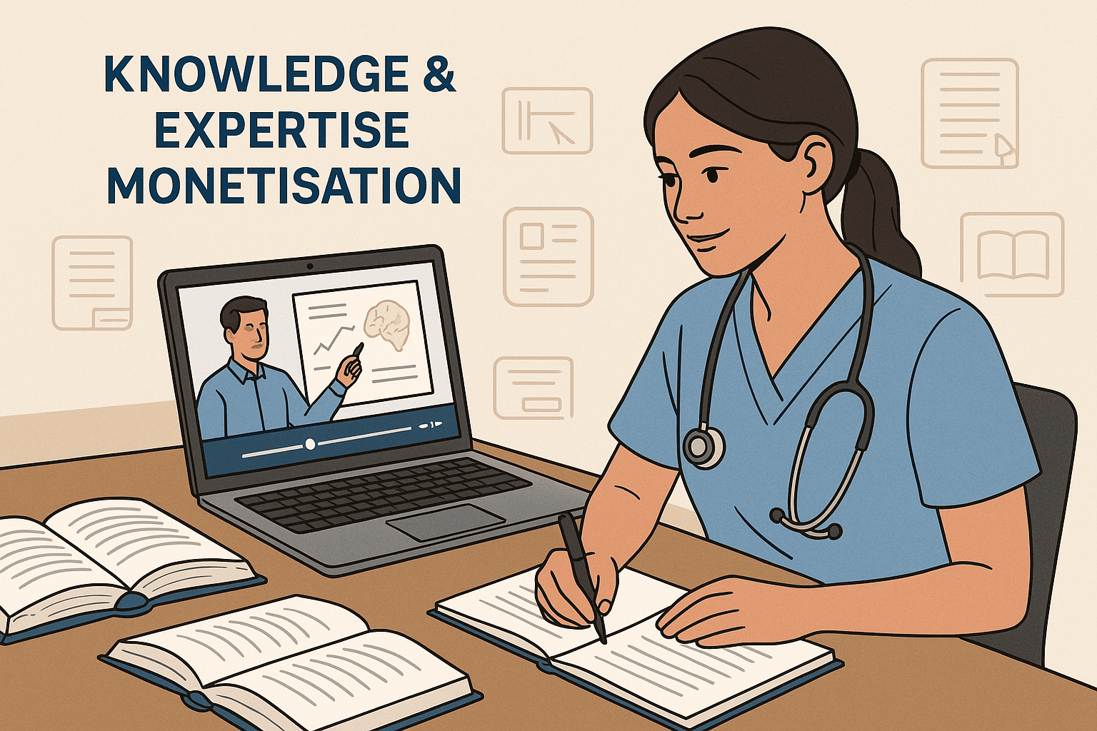Australian nurse in scrubs creating medical content and teaching online, symbolising education, writing, and digital knowledge-based side hustles