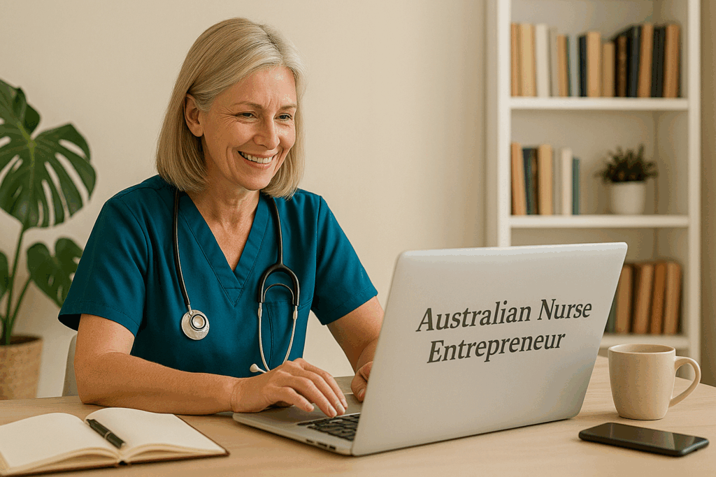 Australian nurse entrepreneur working on her laptop in a bright home office, creating marketing content for her wellness business, symbolising empowerment and creativity in healthcare entrepreneurship