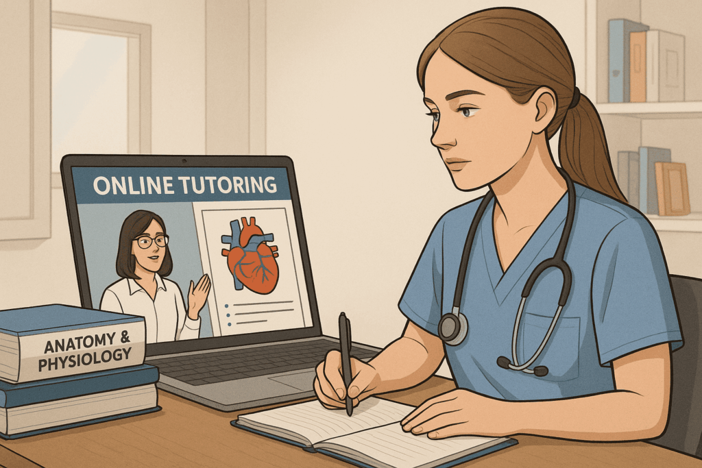 Australian nurse in scrubs providing online tutoring in anatomy and physiology, symbolising flexible gig economy side hustles