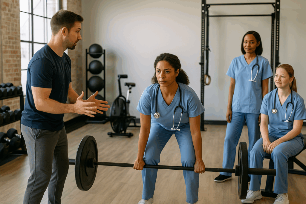 Australian nurses training under a fitness coach to improve ergonomic posture, strength, and physical wellbeing for demanding healthcare roles
