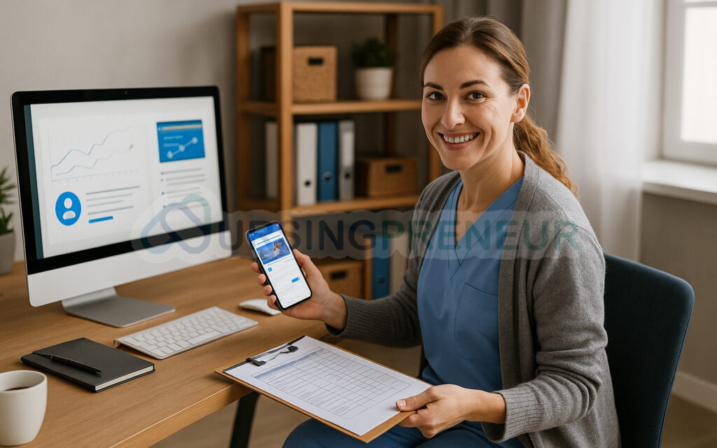 Nurse-preneur in Australia managing marketing, digital operations, and business growth from her office