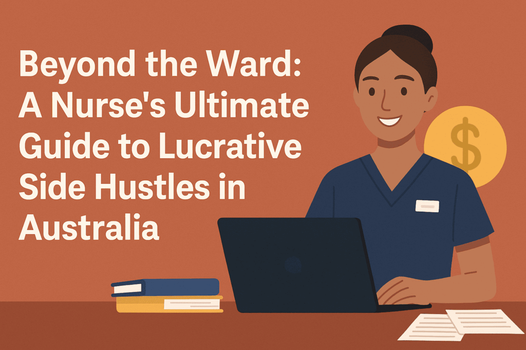 Australian nurse working at laptop with financial and legal icons, symbolising managing tax, ABN, and insurance for side hustles