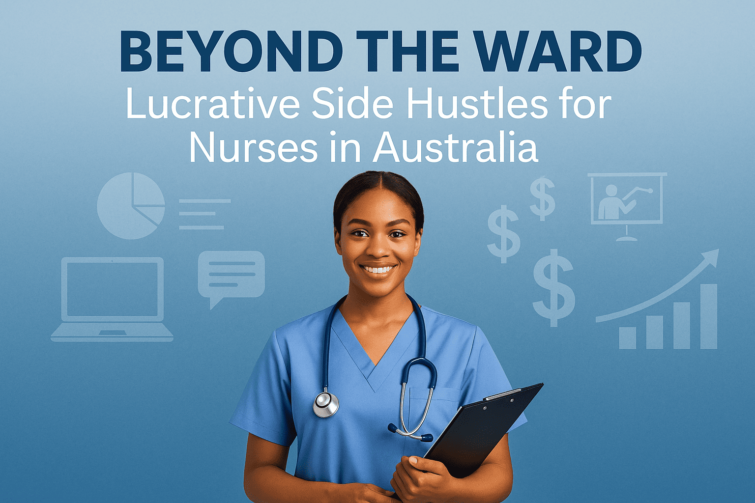 Australian nurse in scrubs holding a clipboard, surrounded by business and healthcare icons, symbolising lucrative side hustles in Australia