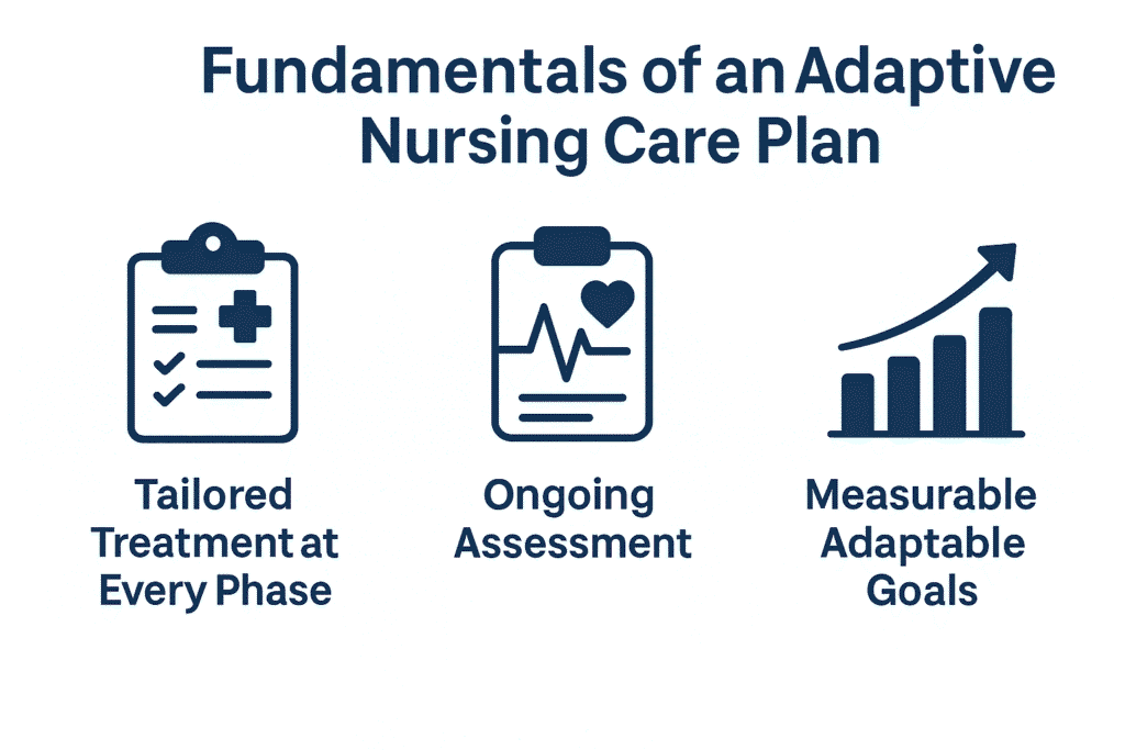 Nurse discussing updates to a patient’s care plan with a doctor and family members in a bright hospital room, demonstrating collaboration and flexibility in treatment planning