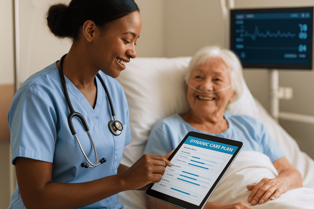 Nurse updating a patient’s dynamic care plan on a digital tablet, ensuring flexible and personalized healthcare in a modern hospital environment