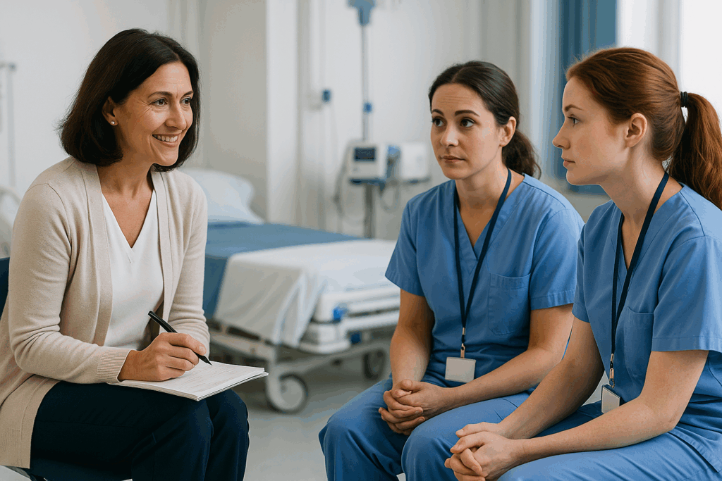 Nurse wellness coach conducting a professional coaching session to help healthcare workers build resilience, manage stress, and enhance emotional wellbeing.