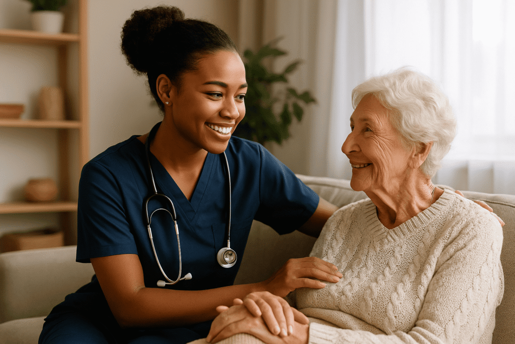 Black Australian nurse providing compassionate home care to an elderly woman in a cozy living room, representing personalized nursing concierge services in Australia