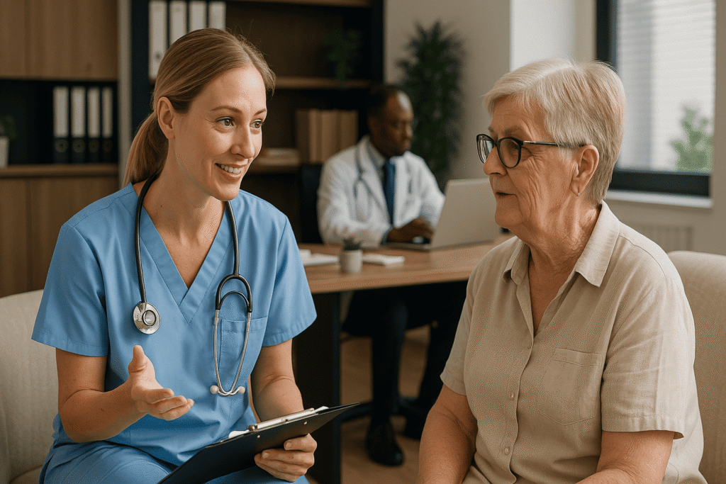 Professional nurse consulting with an elderly patient in a bright Australian aged care facility, representing expert guidance and compassionate healthcare consultancy services.