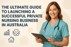 Smiling Australian nurse in teal scrubs holding a tablet with healthcare and business icons beside her, representing the launch of a private nursing business in Australia