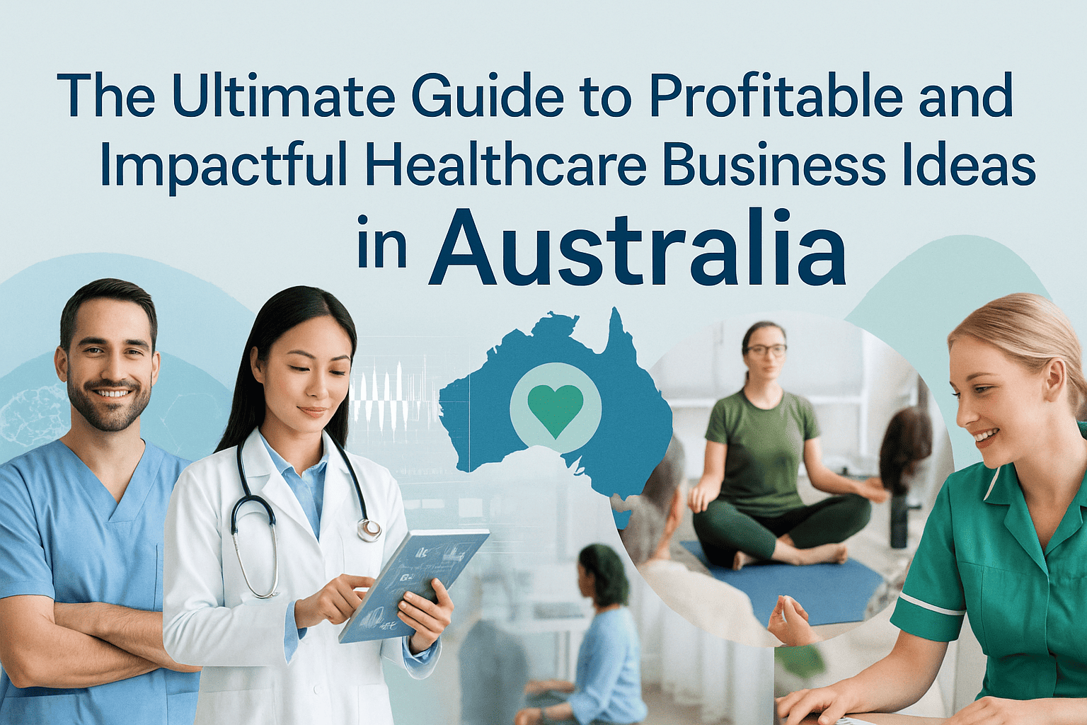 Header image showcasing healthcare professionals, digital technology, and aged care services representing profitable healthcare business opportunities in Australia.