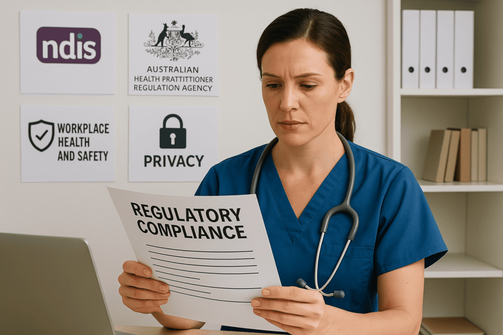 Australian nurse reviewing AHPRA, NDIS, and workplace safety compliance documents in a modern healthcare office, representing regulatory standards for home nursing businesses.