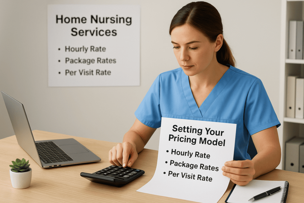 Nurse entrepreneur in Australia reviewing home nursing service pricing model with calculator and laptop, showing hourly, package, and per-visit rate options
