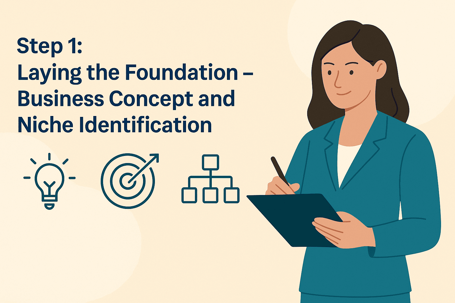 Infographic showing a nurse writing on a clipboard beside icons for planning, goals, and business structure, illustrating the foundation stage of launching a private nursing business in Australia