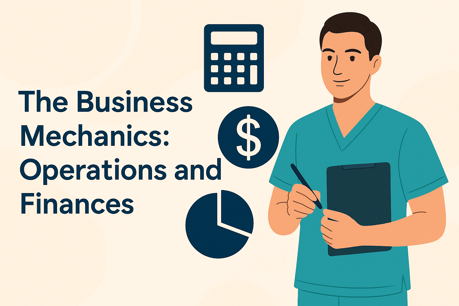 Illustration of a nurse holding a clipboard with icons for calculator, dollar sign, and pie chart, representing operations and financial planning in private nursing business