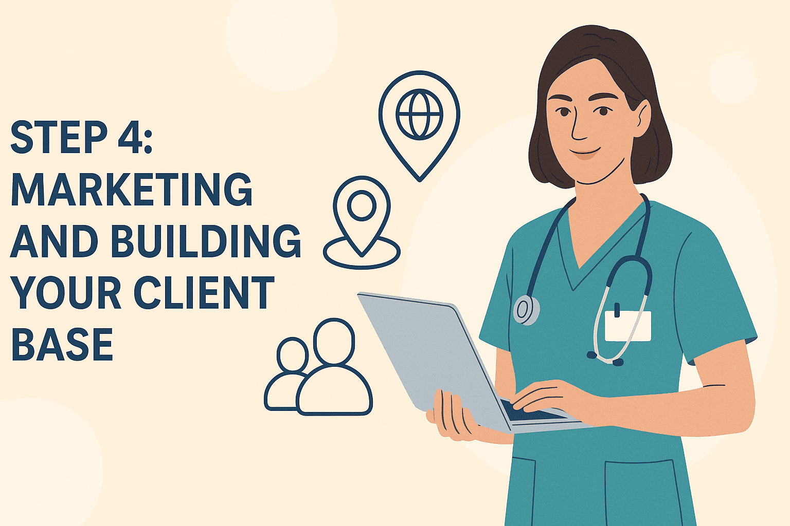 Australian nurse entrepreneur using laptop for social media marketing and client outreach, representing strategies for building a private nursing client base