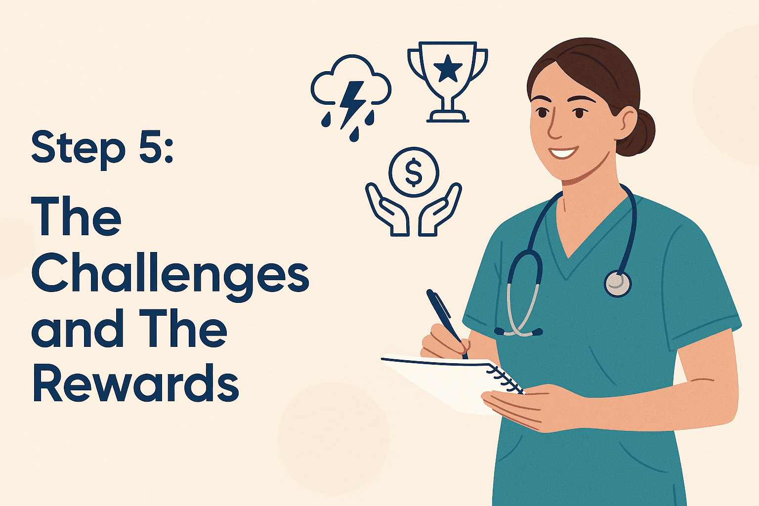 Digital illustration of an Australian nurse experiencing challenges and success in managing a private nursing business, symbolizing resilience and professional growth