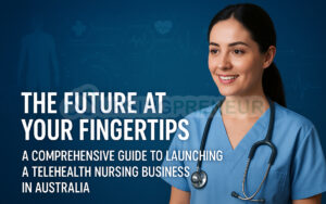 Nurse in Australia representing the future of telehealth nursing business with modern digital healthcare visuals
