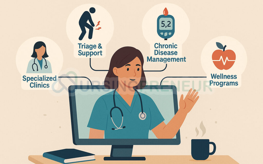 Telehealth nursing business models in Australia including triage support, chronic disease management, specialised clinics, and wellness programs