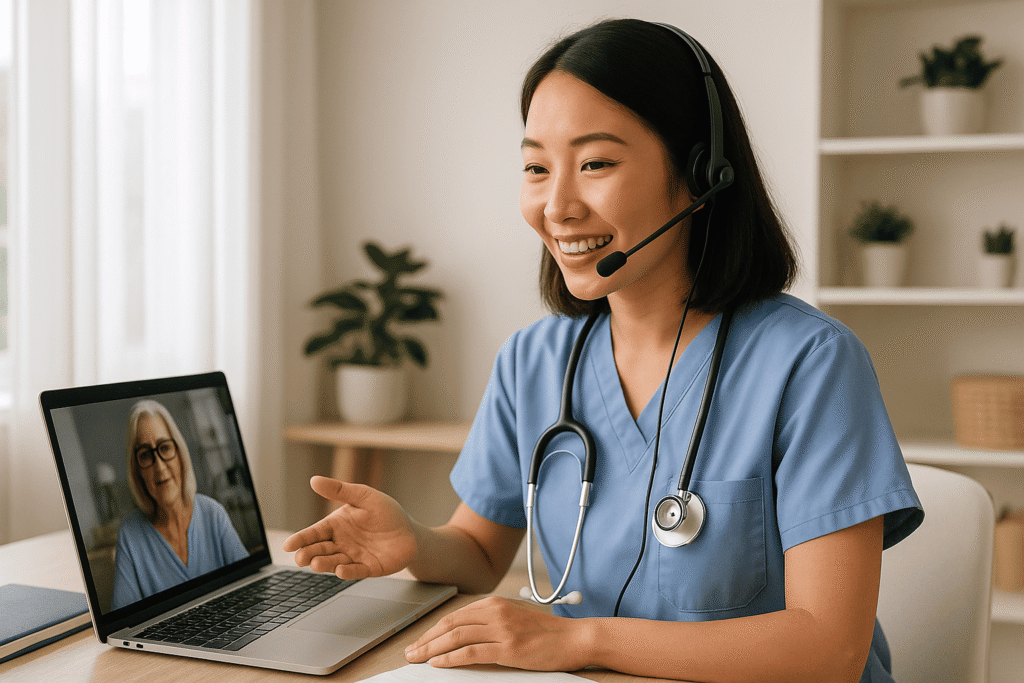 Asian Australian nurse providing telehealth consultation using a laptop and headset in a bright home office, representing virtual healthcare innovation in Australia