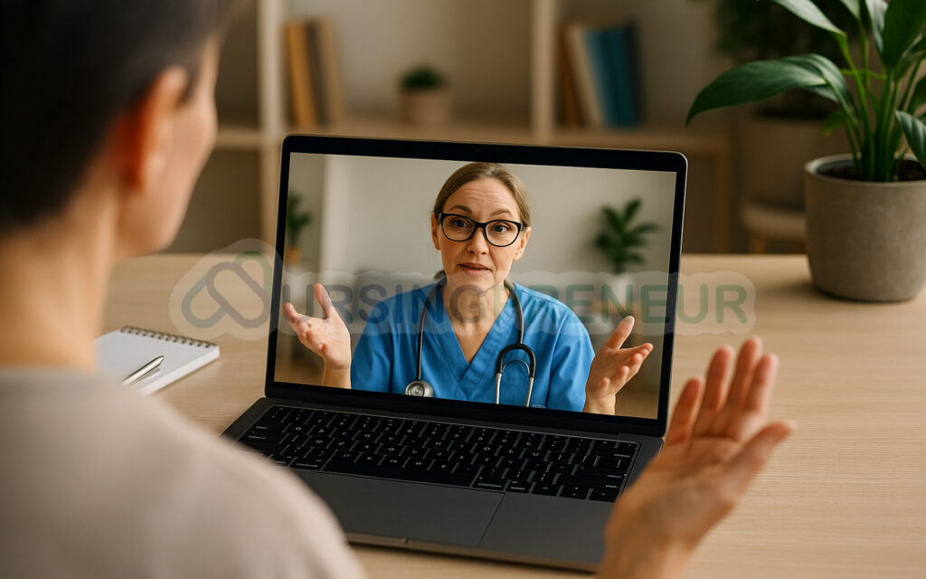 Nurse conducting a telehealth consultation with patient using laptop in a professional home-office setting