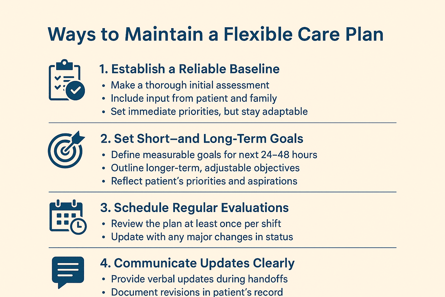 Infographic showing steps to maintain a flexible nursing care plan, including establishing a baseline, setting goals, scheduling evaluations, and clear communication among healthcare teams
