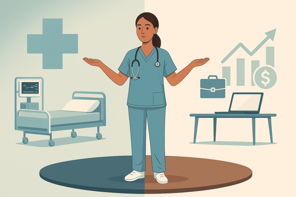 Australian nurse balancing traditional hospital work with side hustles like business, online work, and financial growth opportunities