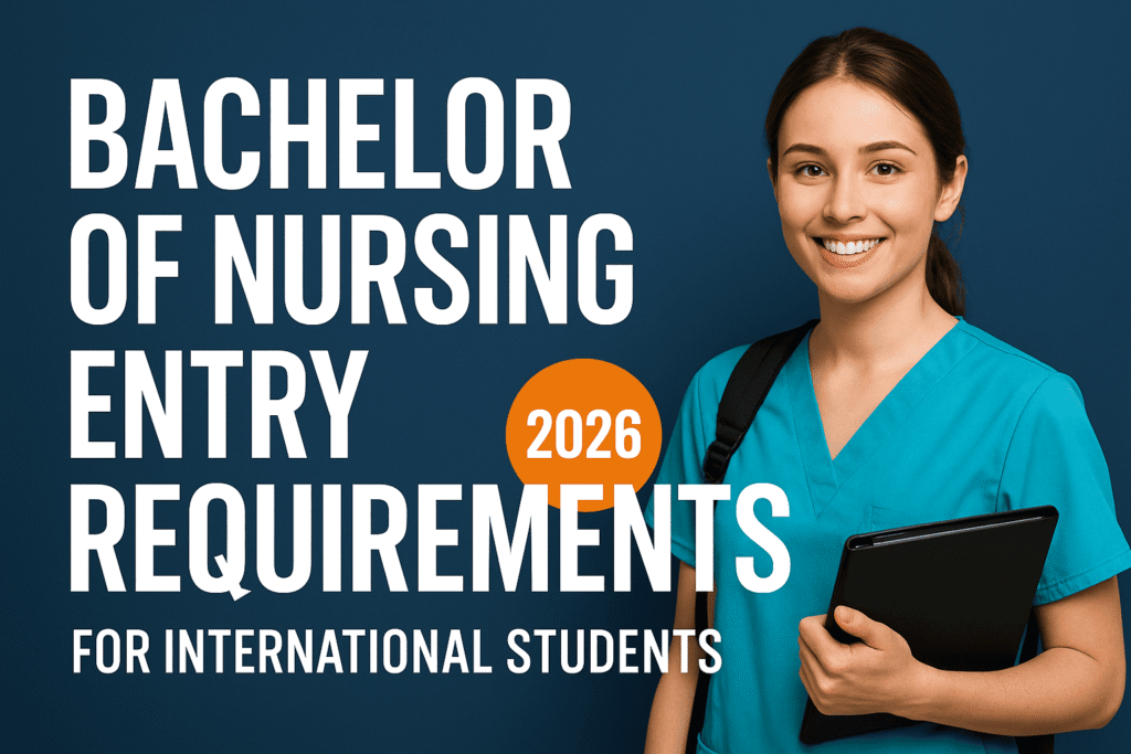 Bachelor of Nursing entry requirements in Australia for international students in 2026, featuring a nursing student holding a clipboard