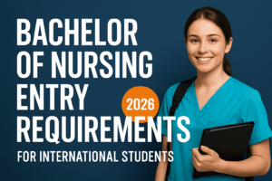 Bachelor of Nursing entry requirements in Australia for international students in 2026, featuring a nursing student holding a clipboard