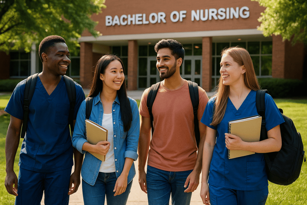 International students studying Bachelor of Nursing at an Australian university campus, preparing for healthcare careers.