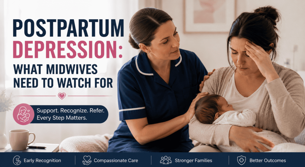 Midwife supporting a new mother experiencing postpartum depression while holding her newborn baby in a calm healthcare environment